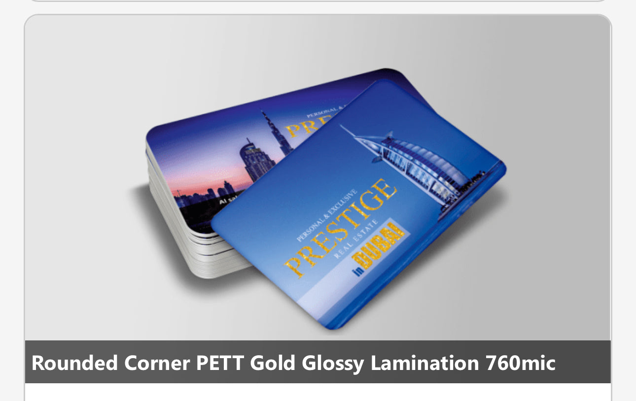 Rounded Corner PETT Gold Glossy Lamination 760mic 1000Pc with Free Design