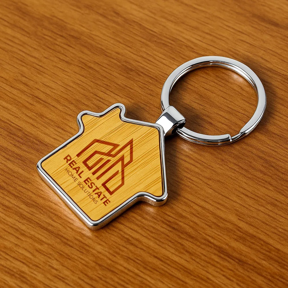 Bamboo and Metal Keychain House Shaped 32mm ( “Your Brand • Your Print • Your Style.” ) All printing available