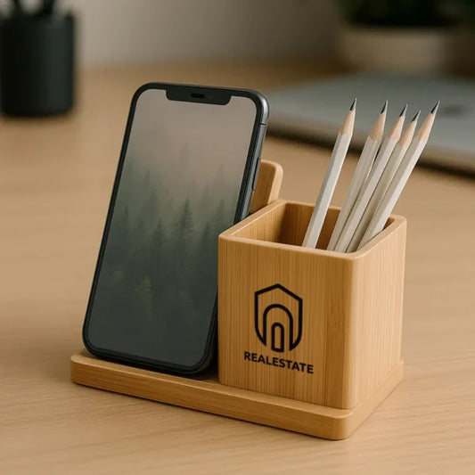 Bamboo Pen Holder with 10W Wireless Charger ( “Your Brand • Your Print • Your Style.” ) All printing available