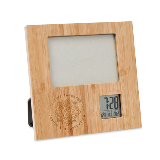 Bamboo Photo Frame with Digital Clock & Weather Station ( “Your Brand • Your Print • Your Style.” ) All printing available