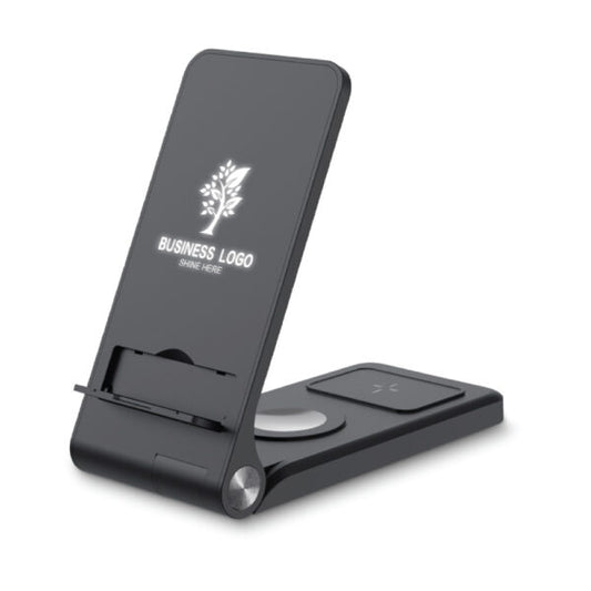 Foldable Wireless Charging Station 15W & Light-up Logo ( “Your Brand • Your Print • Your Style.” ) All printing available