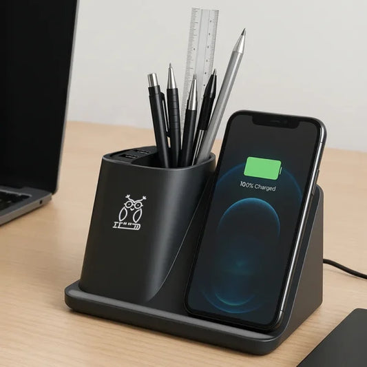 Desktop Pen Holder with 5W Wireless Charger ( “Your Brand • Your Print • Your Style.” ) All printing available