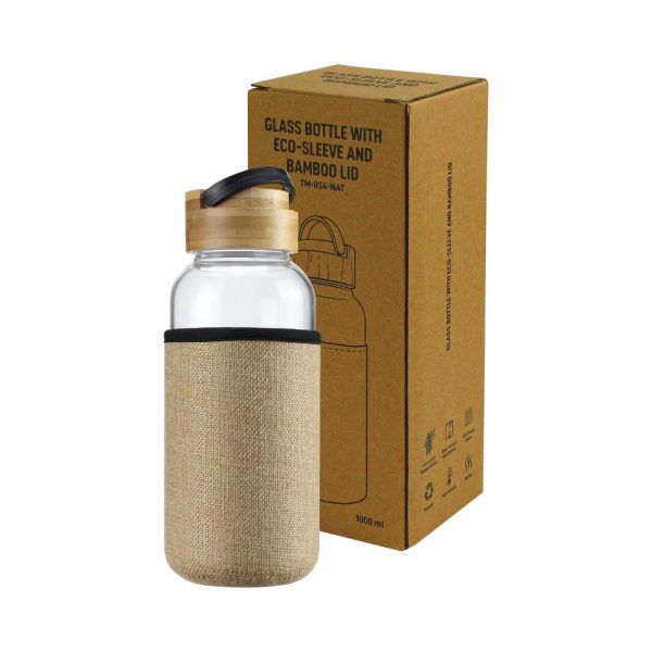 Glass Bottles with Bamboo Lid and Eco Sleeve, 1 liter ( “Your Brand • Your Print • Your Style.” ) All printing available