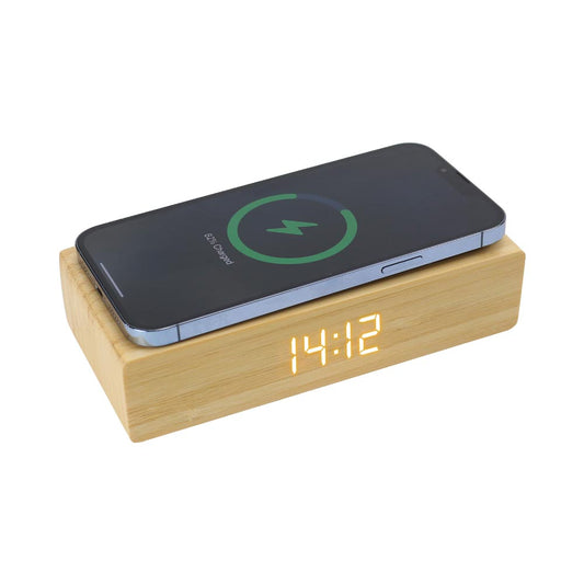 Bamboo Clock with 5W Wireless Charging Function ( “Your Brand • Your Print • Your Style.” ) All printing available