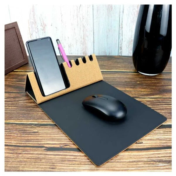 Foldable Cork+PU Mousepad with Mobile & Pen Holder ( “Logo Printing Made Easy.” )