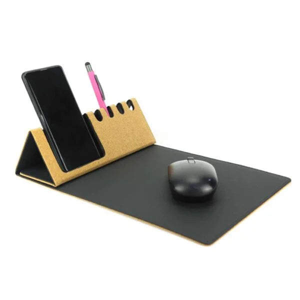Foldable Cork+PU Mousepad with Mobile & Pen Holder ( “Logo Printing Made Easy.” )