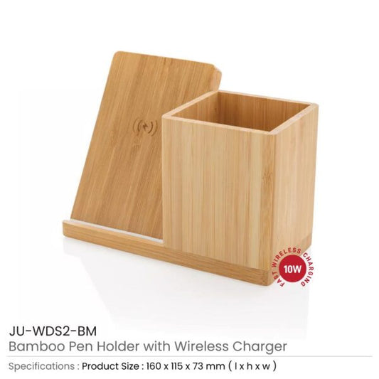 Bamboo Pen Holder with 10W Wireless Charger ( “Your Brand • Your Print • Your Style.” ) All printing available