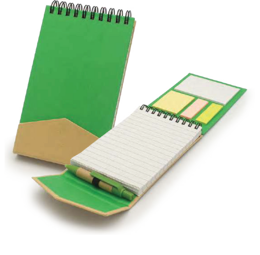 RECYCLED SPIRAL NOTEPAD WITH STICKY NOTES AND PEN IN A MAGNETIC