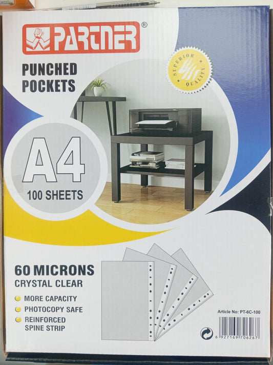 PARTNER PUNCHED POCKETS 60 MICRONS CRYSTAL CLEAR 100 PCS PACKET