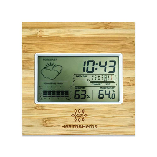 Multi-Function Bamboo Digital Clock with Weather Forecast, Calendar, Alarm, Temperature ( “Your Brand • Your Print • Your Style.” ) All printing available
