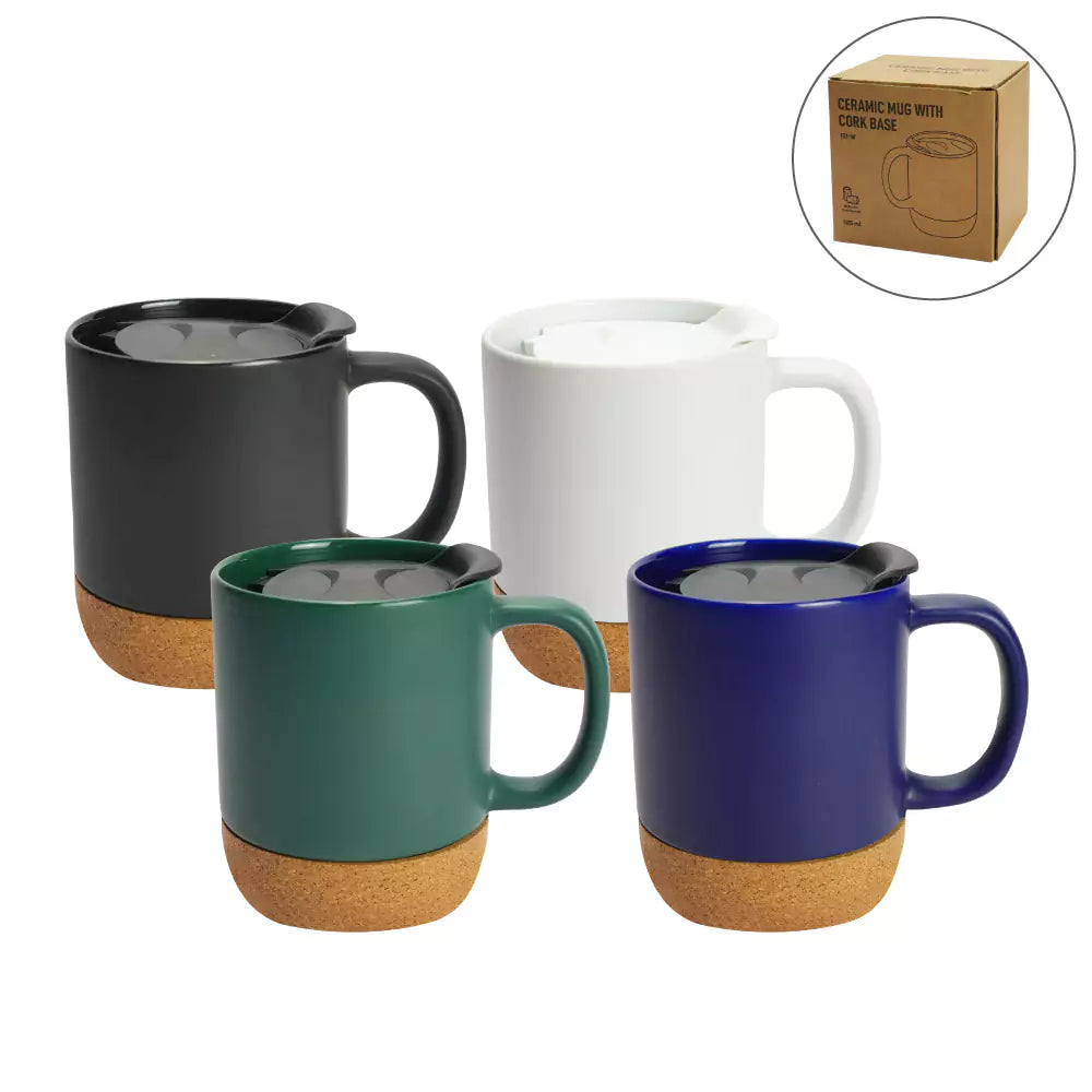 Ceramic Mugs with Lid and Cork Base 385 ml ( “Your Brand • Your Print • Your Style.” ) All printing available