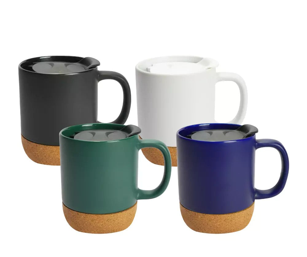 Ceramic Mugs with Lid and Cork Base 385 ml ( “Your Brand • Your Print • Your Style.” ) All printing available