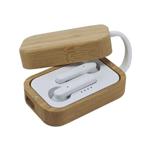 BT Earbuds with Bamboo Case & High Audio Quality ( “Your Brand • Your Print • Your Style.” ) All printing available