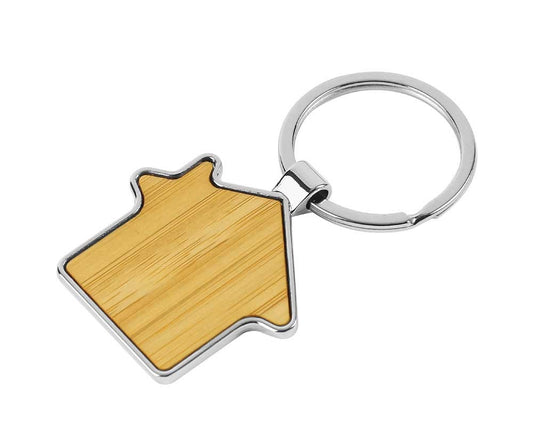 Bamboo and Metal Keychain House Shaped 32mm ( “Your Brand • Your Print • Your Style.” ) All printing available