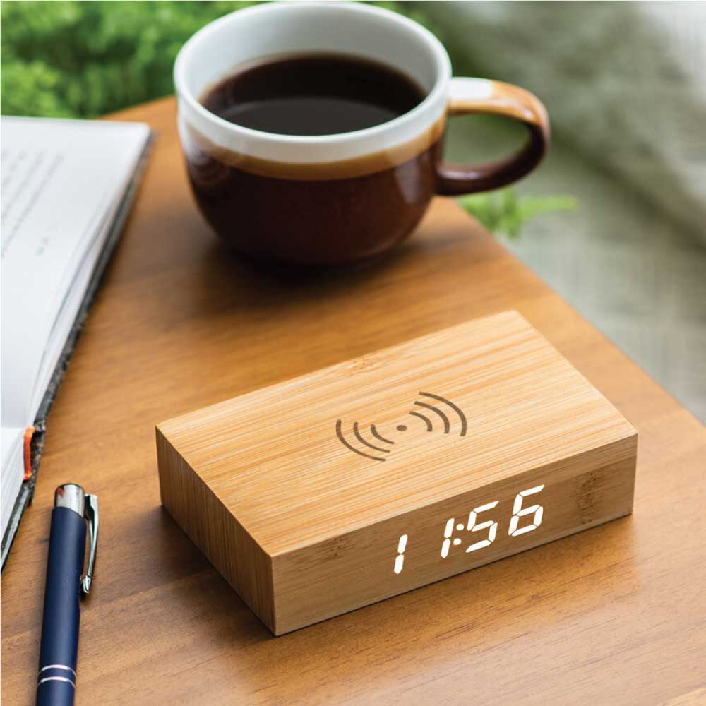 Bamboo Clock with 5W Wireless Charging Function ( “Your Brand • Your Print • Your Style.” ) All printing available