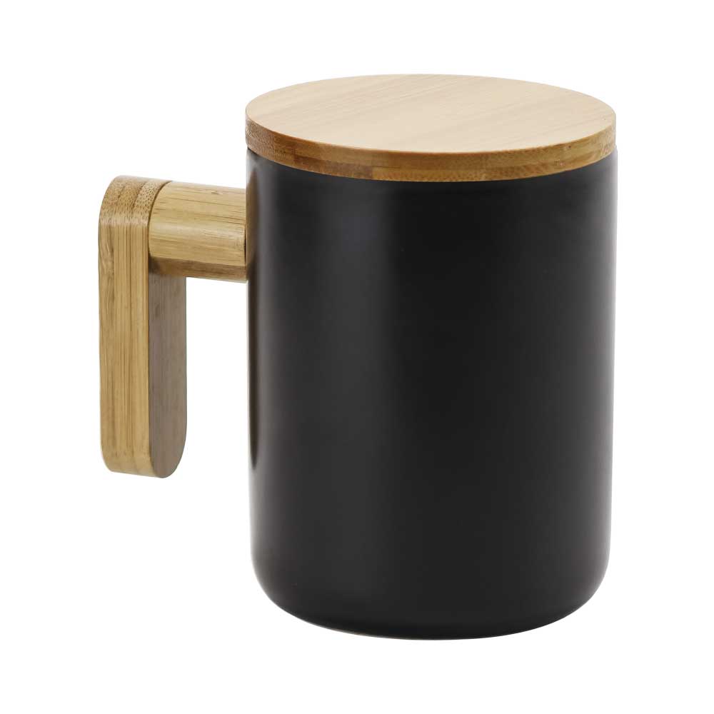 Black Ceramic Coffee Mugs with Bamboo Handle and Lid ( “Your Brand • Your Print • Your Style.” ) All printing available