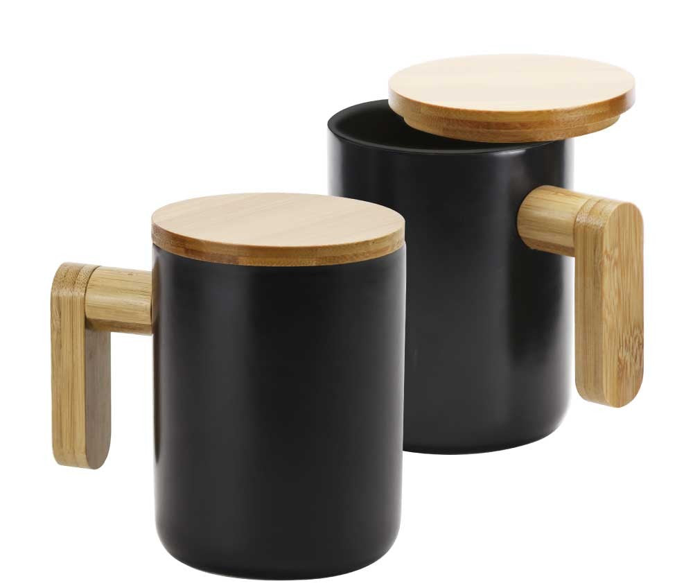 Black Ceramic Coffee Mugs with Bamboo Handle and Lid ( “Your Brand • Your Print • Your Style.” ) All printing available