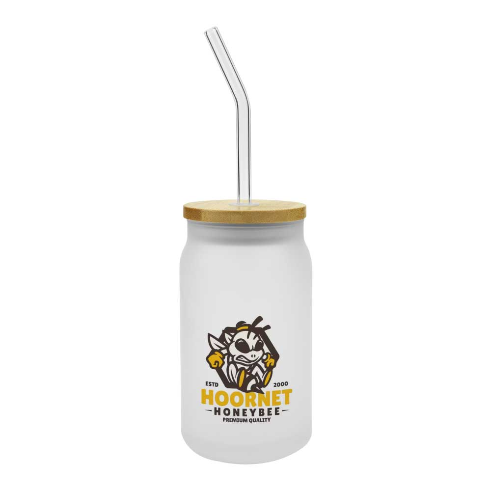 Glass Bottle with Straw and Bamboo Lid 455 ml Capacity ( “Your Brand • Your Print • Your Style.” ) All printing available
