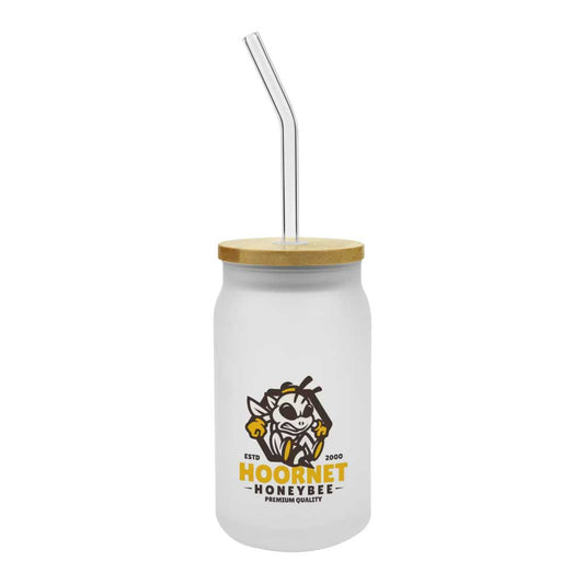 Glass Bottle with Straw and Bamboo Lid 455 ml Capacity ( “Your Brand • Your Print • Your Style.” ) All printing available