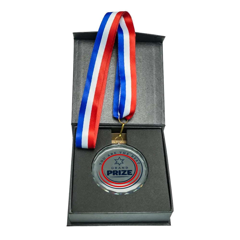 Glass Medals with Ribbon and Box ( “Your Brand • Your Print • Your Style.” ) All printing available