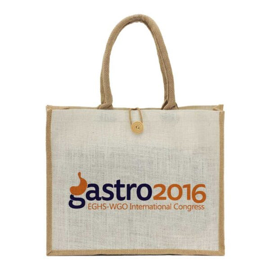 Jute Shopping Bags with Button  ( “Your Brand • Your Print • Your Style.” ) All printing available
