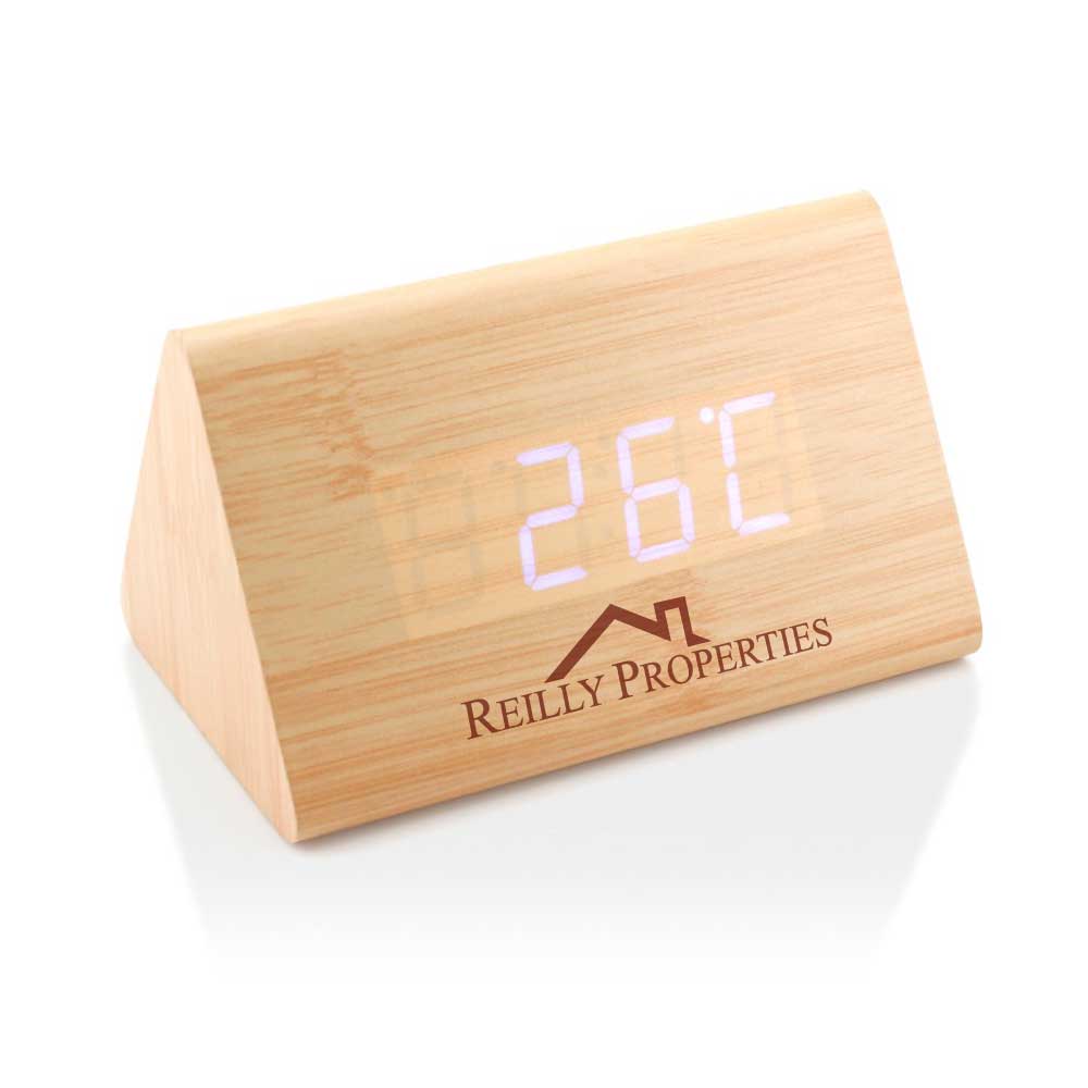 Triangular Wooden Digital Desk Clock Eco-Friendly ( “Your Brand • Your Print • Your Style.” ) All printing available