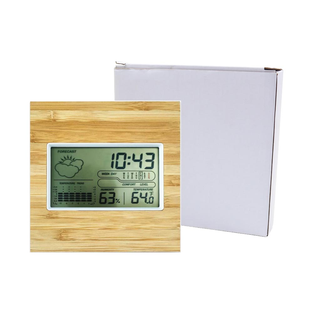 Multi-Function Bamboo Digital Clock with Weather Forecast, Calendar, Alarm, Temperature ( “Your Brand • Your Print • Your Style.” ) All printing available