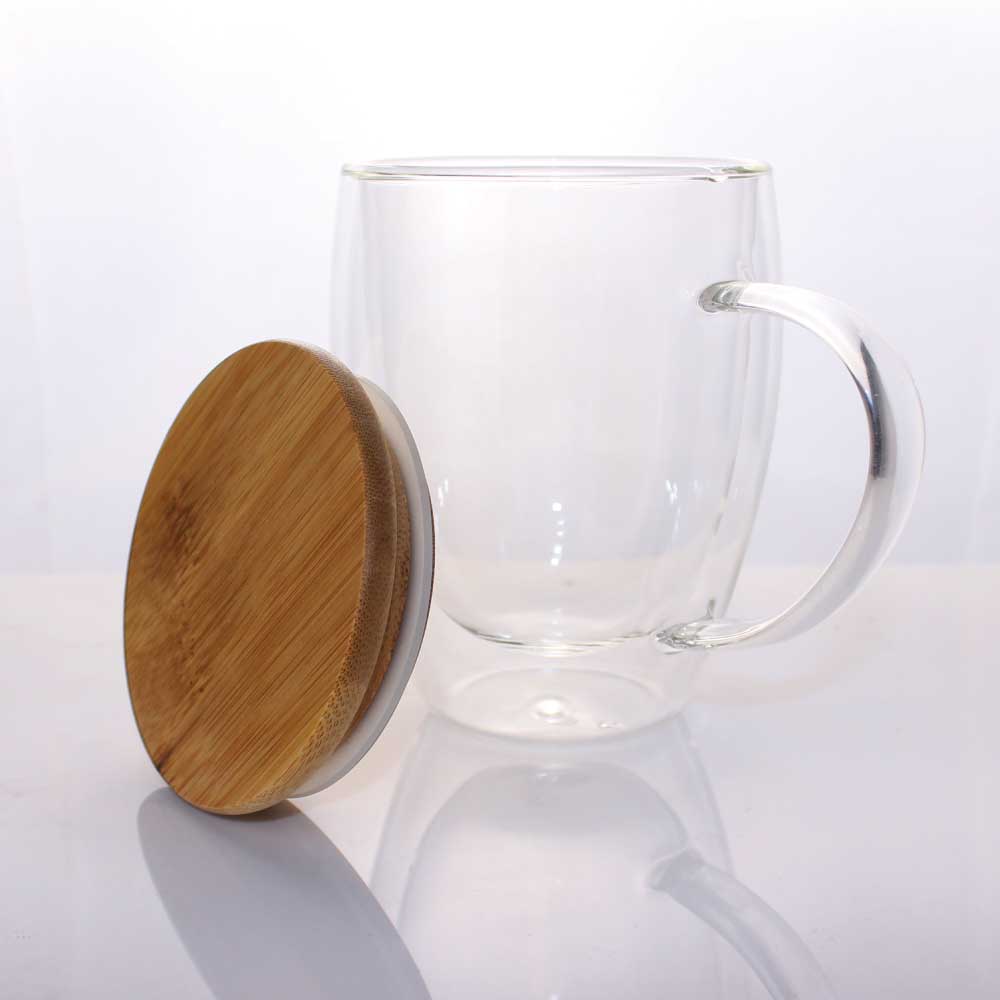 Double Wall Clear Glass Mug with Bamboo Lid ( “Your Brand • Your Print • Your Style.” ) All printing available