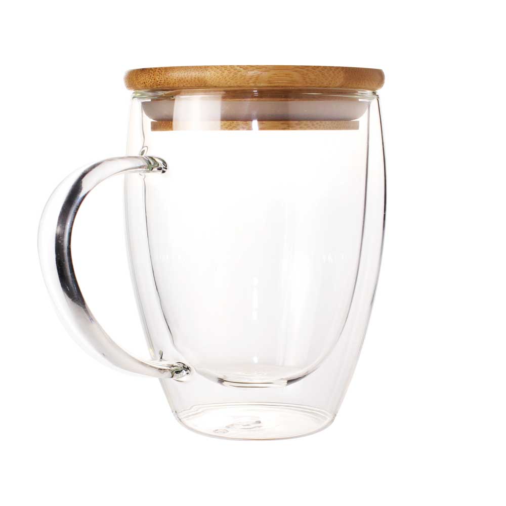 Double Wall Clear Glass Mug with Bamboo Lid ( “Your Brand • Your Print • Your Style.” ) All printing available