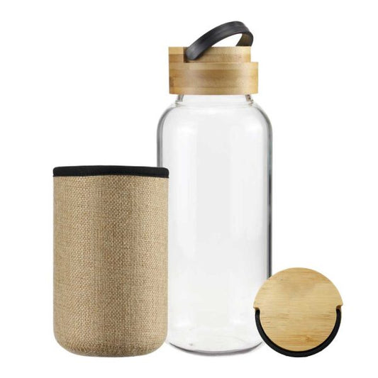 Glass Bottles with Bamboo Lid and Eco Sleeve, 1 liter ( “Your Brand • Your Print • Your Style.” ) All printing available