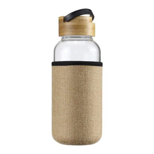 Glass Bottles with Bamboo Lid and Eco Sleeve, 1 liter ( “Your Brand • Your Print • Your Style.” ) All printing available
