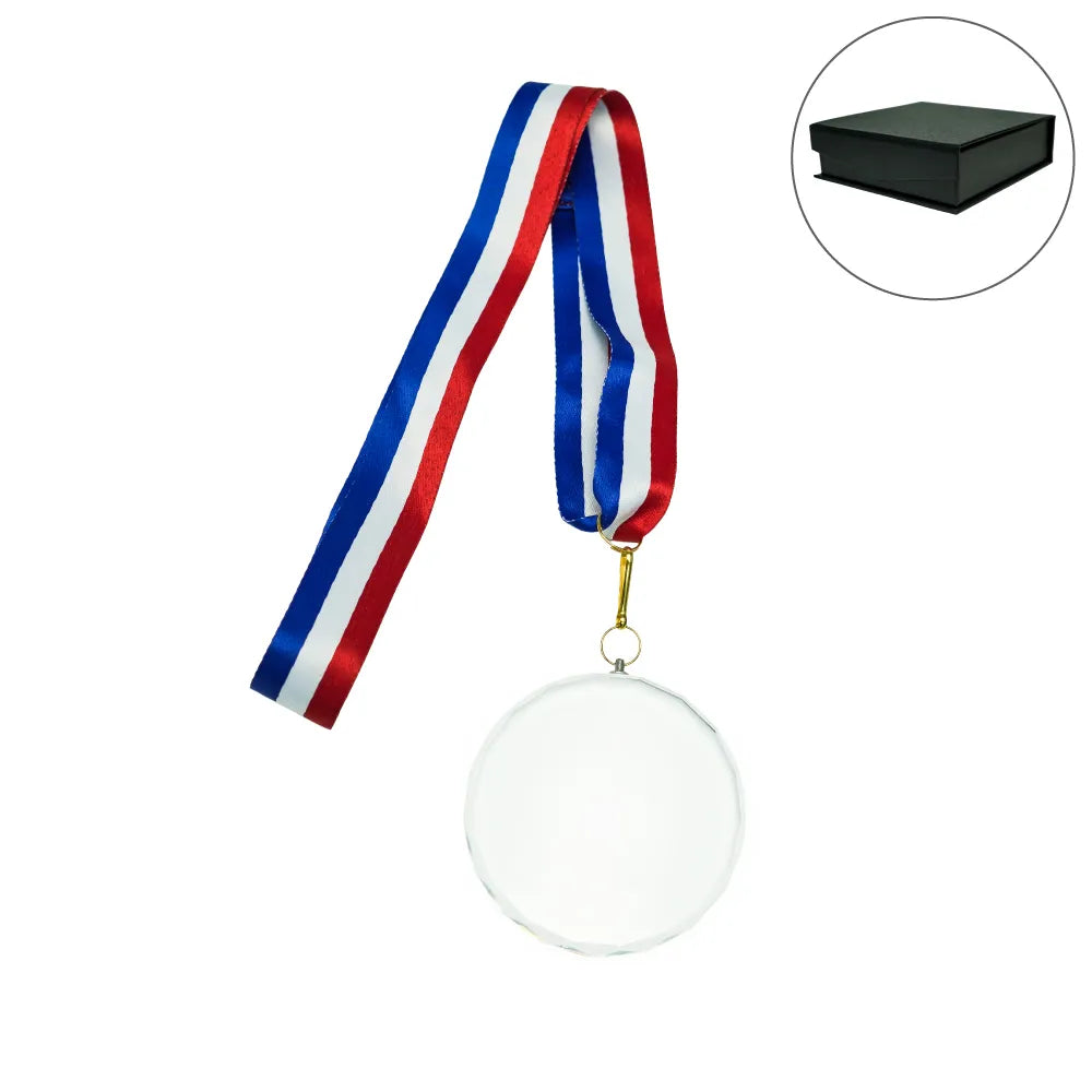 Glass Medals with Ribbon and Box ( “Your Brand • Your Print • Your Style.” ) All printing available