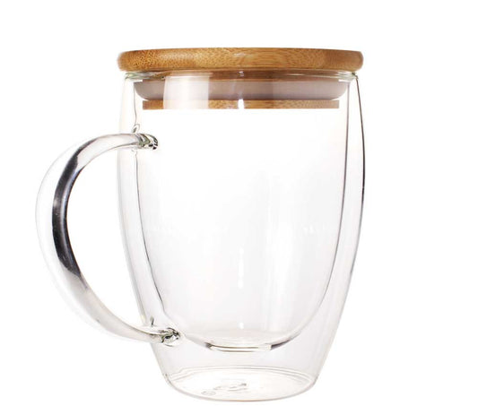Double Wall Clear Glass Mug with Bamboo Lid ( “Your Brand • Your Print • Your Style.” ) All printing available