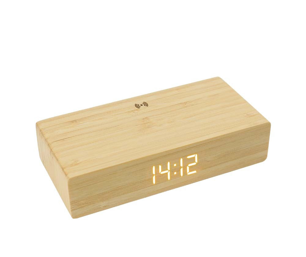 Bamboo Clock with 5W Wireless Charging Function ( “Your Brand • Your Print • Your Style.” ) All printing available