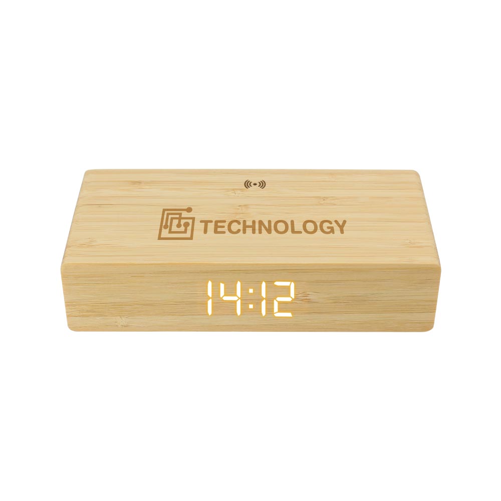 Bamboo Clock with 5W Wireless Charging Function ( “Your Brand • Your Print • Your Style.” ) All printing available