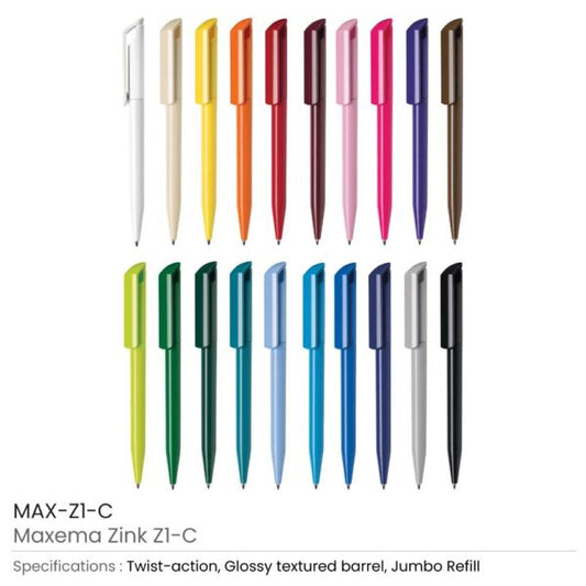 Maxema Zink Pens Solid Color body ( “Your Brand • Your Print • Your Style.” ) All printing available