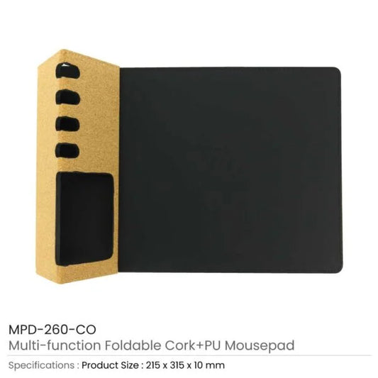 Foldable Cork+PU Mousepad with Mobile & Pen Holder ( “Logo Printing Made Easy.” )