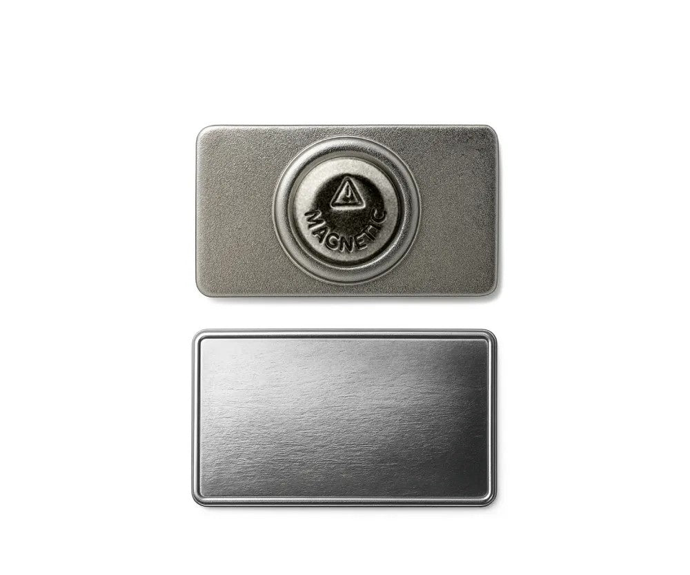 Rectangular Flat Metal Badges with Magnet Attachment ( “Your Brand • Your Print • Your Style.” ) All printing available