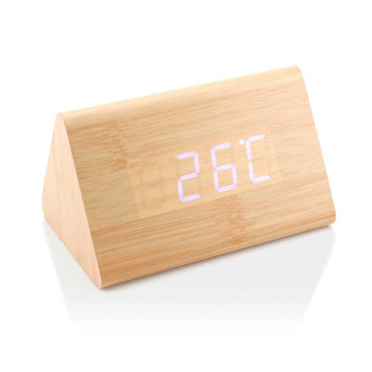 Triangular Wooden Digital Desk Clock Eco-Friendly ( “Your Brand • Your Print • Your Style.” ) All printing available