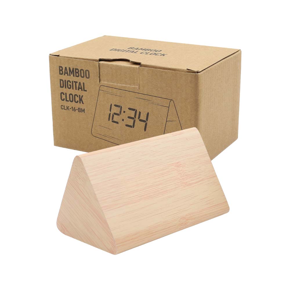 Triangular Wooden Digital Desk Clock Eco-Friendly ( “Your Brand • Your Print • Your Style.” ) All printing available
