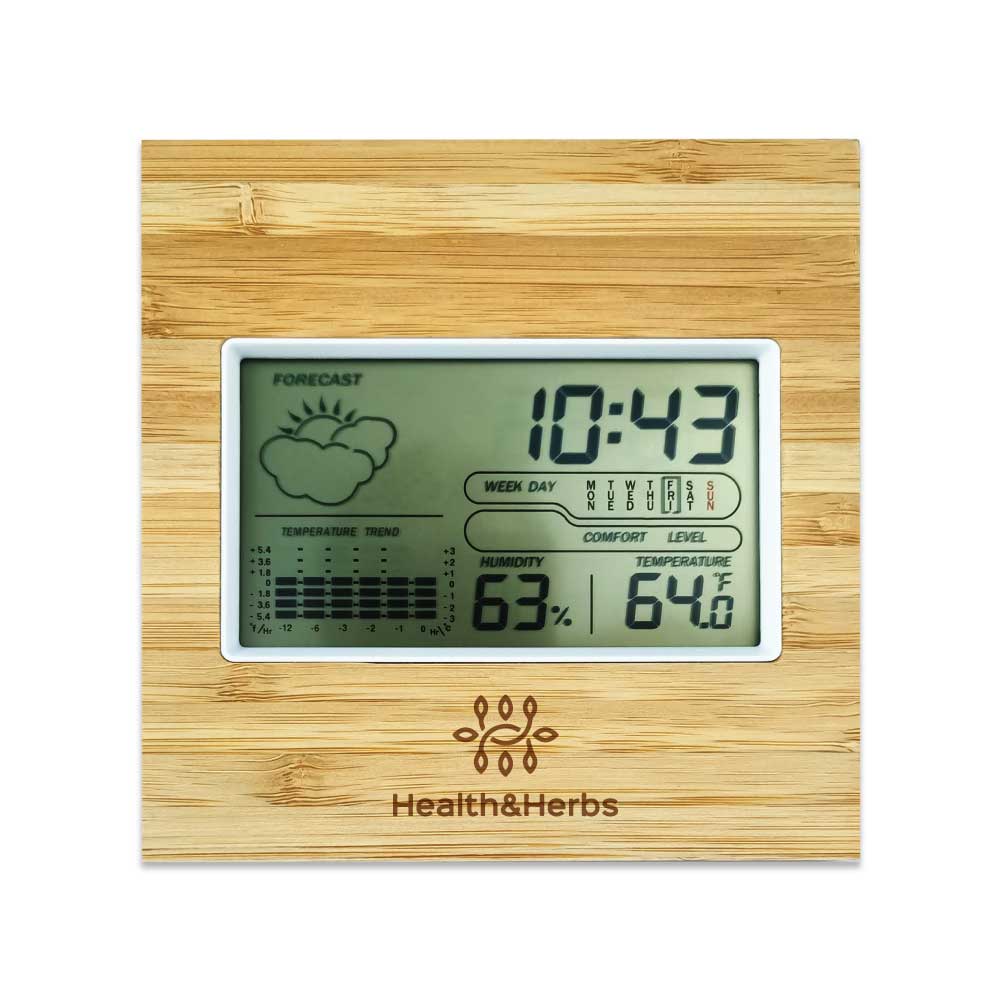 Multi-Function Bamboo Digital Clock with Weather Forecast, Calendar, Alarm, Temperature ( “Your Brand • Your Print • Your Style.” ) All printing available